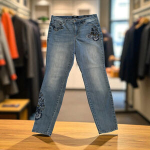 Nine West Gramercy Skinny Denim Distressed Hippie Jeans Womens 12 Blue Floral